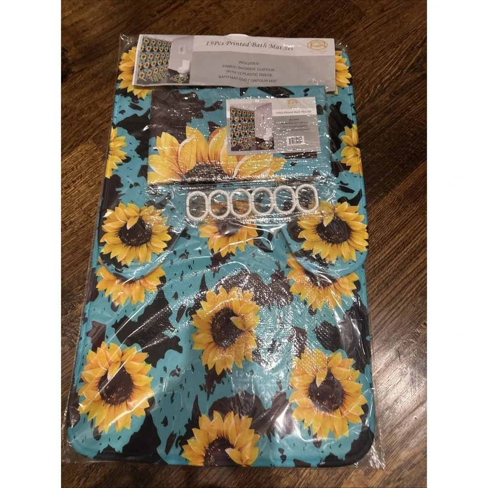 15pc Sunflowers Shower Curtain‎ Set Bath Mat, Toilet Mat, Rings, Curtain NEW
